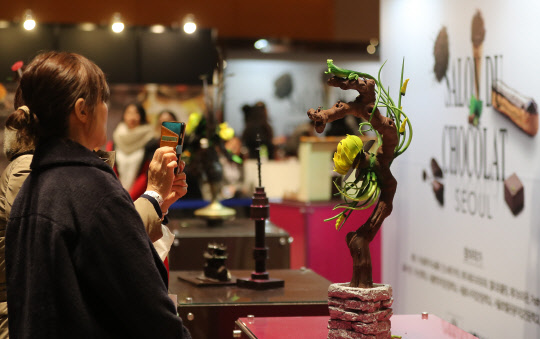 15일 오후 서울 강남구 삼성동 코엑스에서 열린' 제3회 서울 살롱 뒤 쇼콜라' 초콜릿 전시회에서 관람객들이 전시된 초콜릿 작품을 휴대전화로 촬영하고 있다.